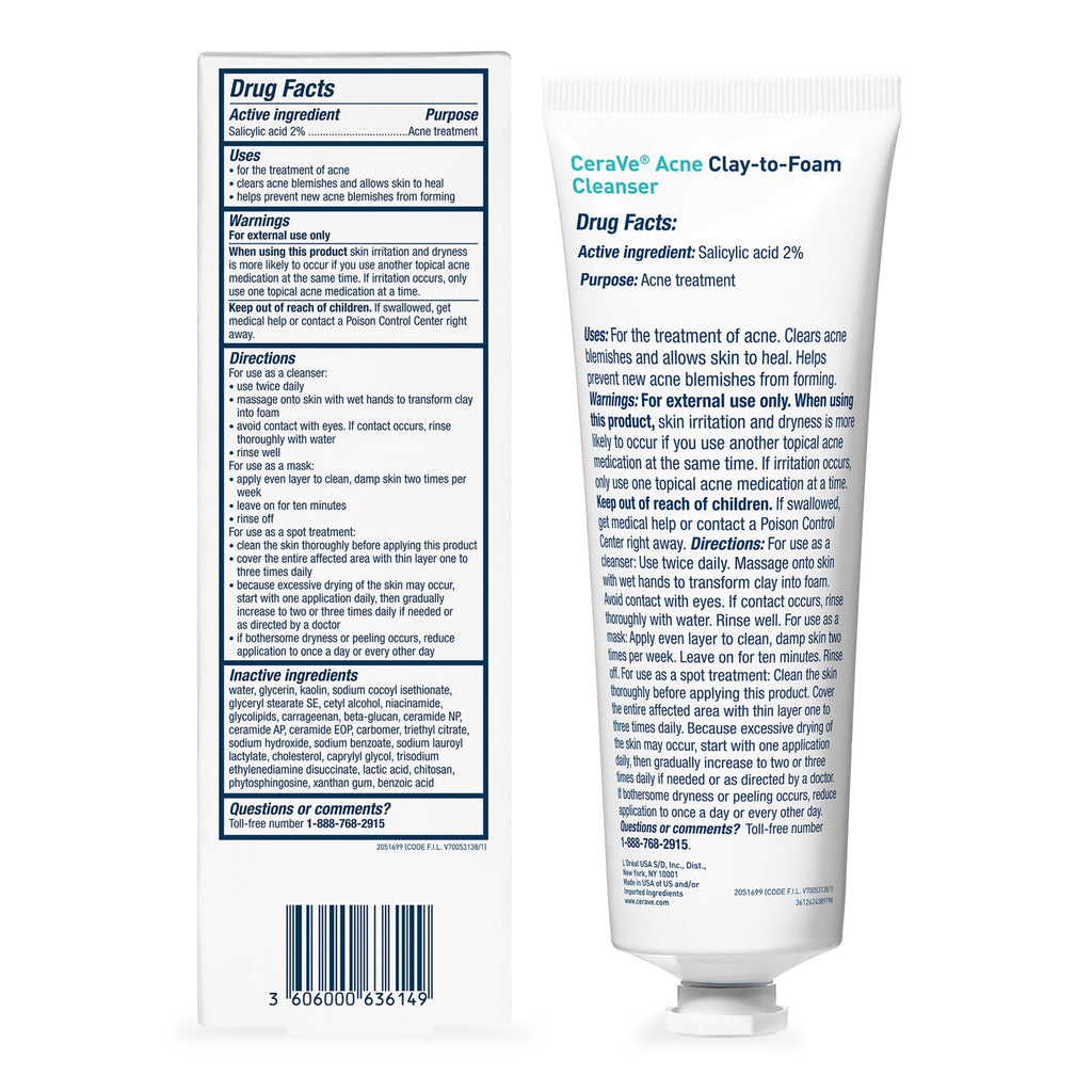 CeraVe Clay to Foam Acne Facial Cleanser, Mask & Spot Treatment for Acne Prone Skin 4 oz