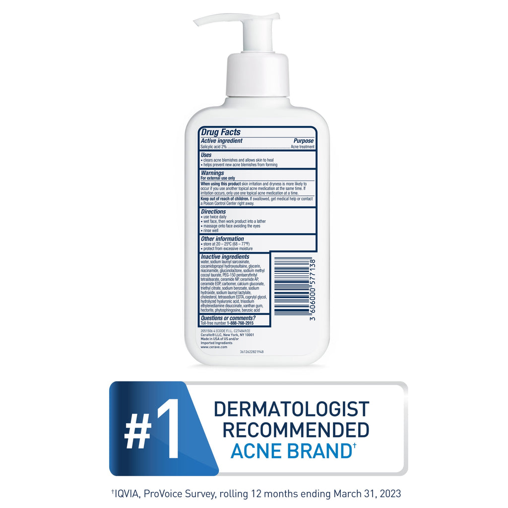 CeraVe Skin Care Acne Control Face Cleanser with 2% Salicylic Acid Clears Acne Blackheads Pores