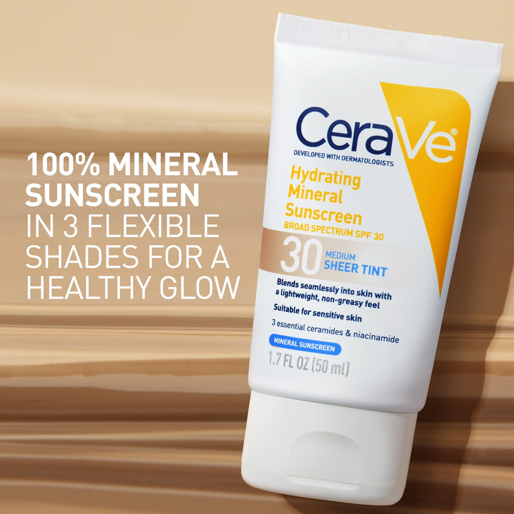 (2 pack) CeraVe Tinted Hydrating Mineral Sunscreen Lotion SPF 30 for Face with Sheer Tint