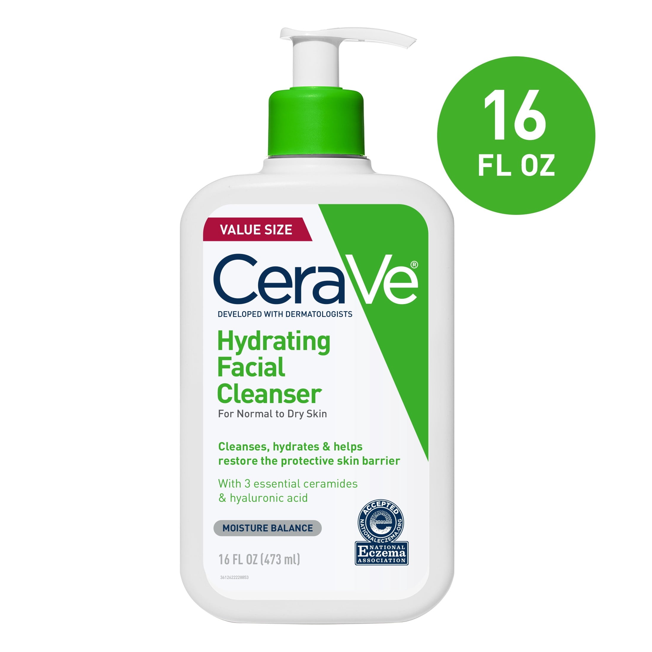 CeraVe Hydrating Facial Cleanser for Normal to Dry Skin, Daily Face Wash for Dryness, 16 fl oz.