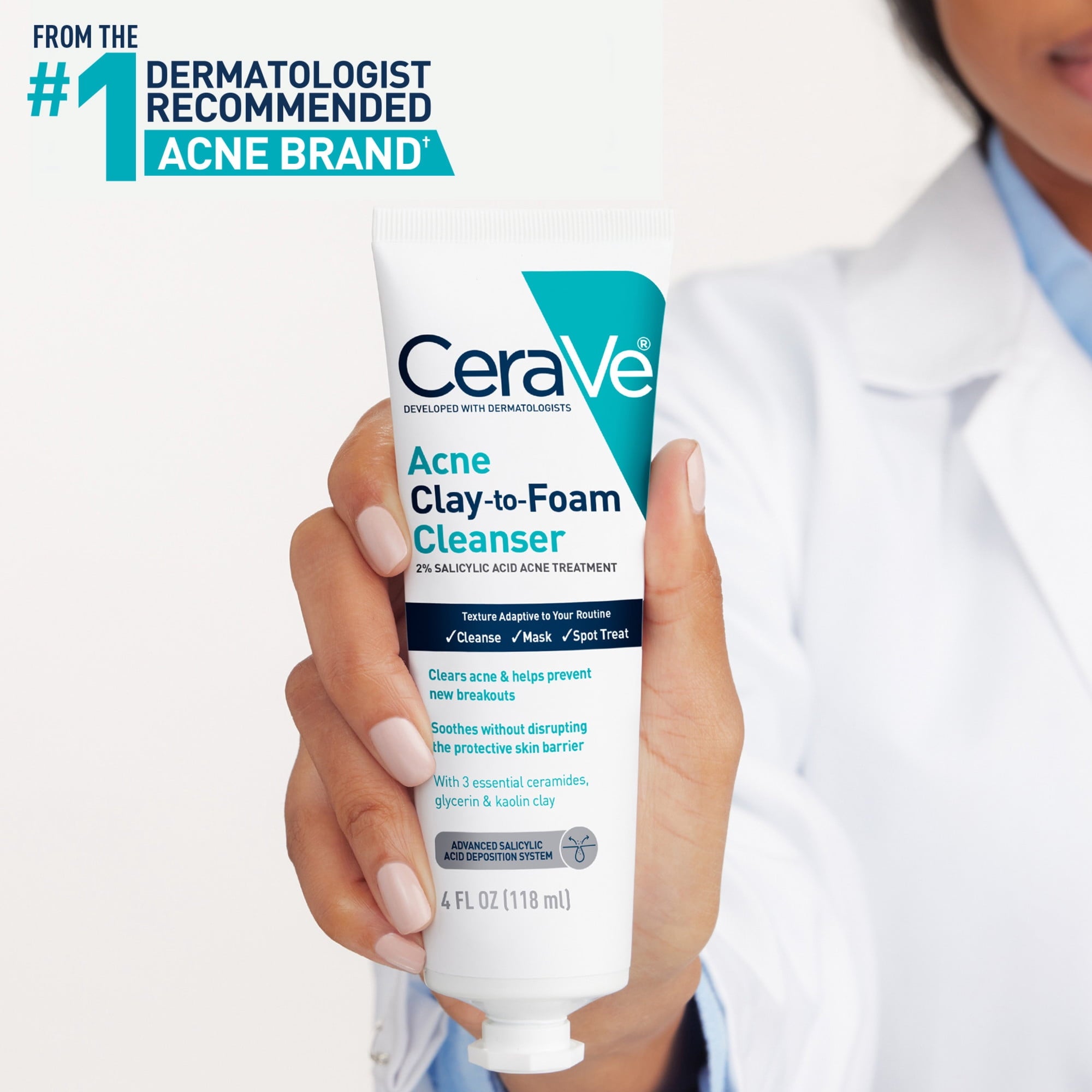 (2 pack) CeraVe Clay to Foam Acne Facial Cleanser, Mask & Spot Treatment for Acne Prone Skin 4 oz