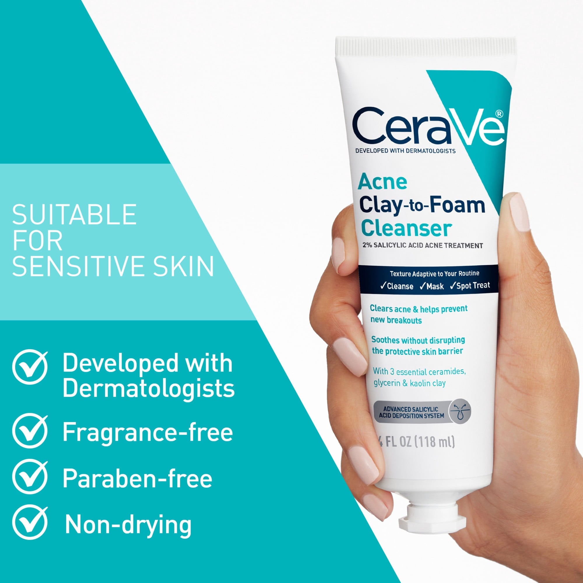 CeraVe Clay to Foam Acne Facial Cleanser, Mask & Spot Treatment for Acne Prone Skin 4 oz
