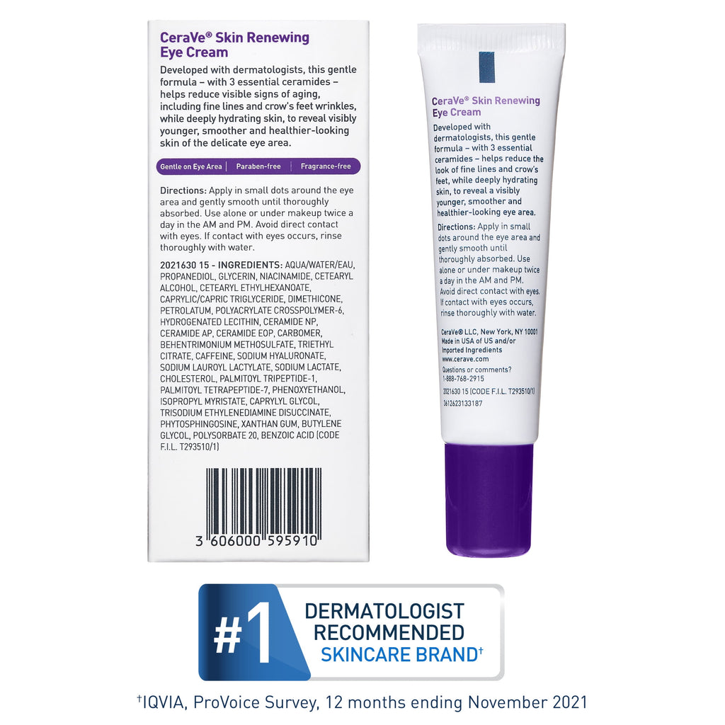 CeraVe Skin Care Renewing Eye Cream for Dark Circles & Puffiness with Peptides, Hyaluronic Acid, Niacinamide, Caffeine, Fragrance Free 0.5 fl oz