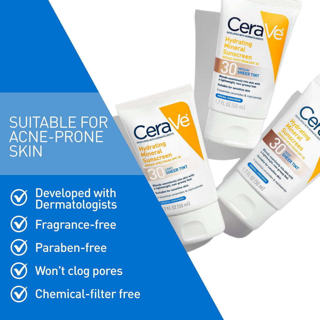 (2 pack) CeraVe Sunscreen Tinted Hydrating 100% Mineral Broad-Spectrum Lotion SPF 30 for Face with Sheer Tint