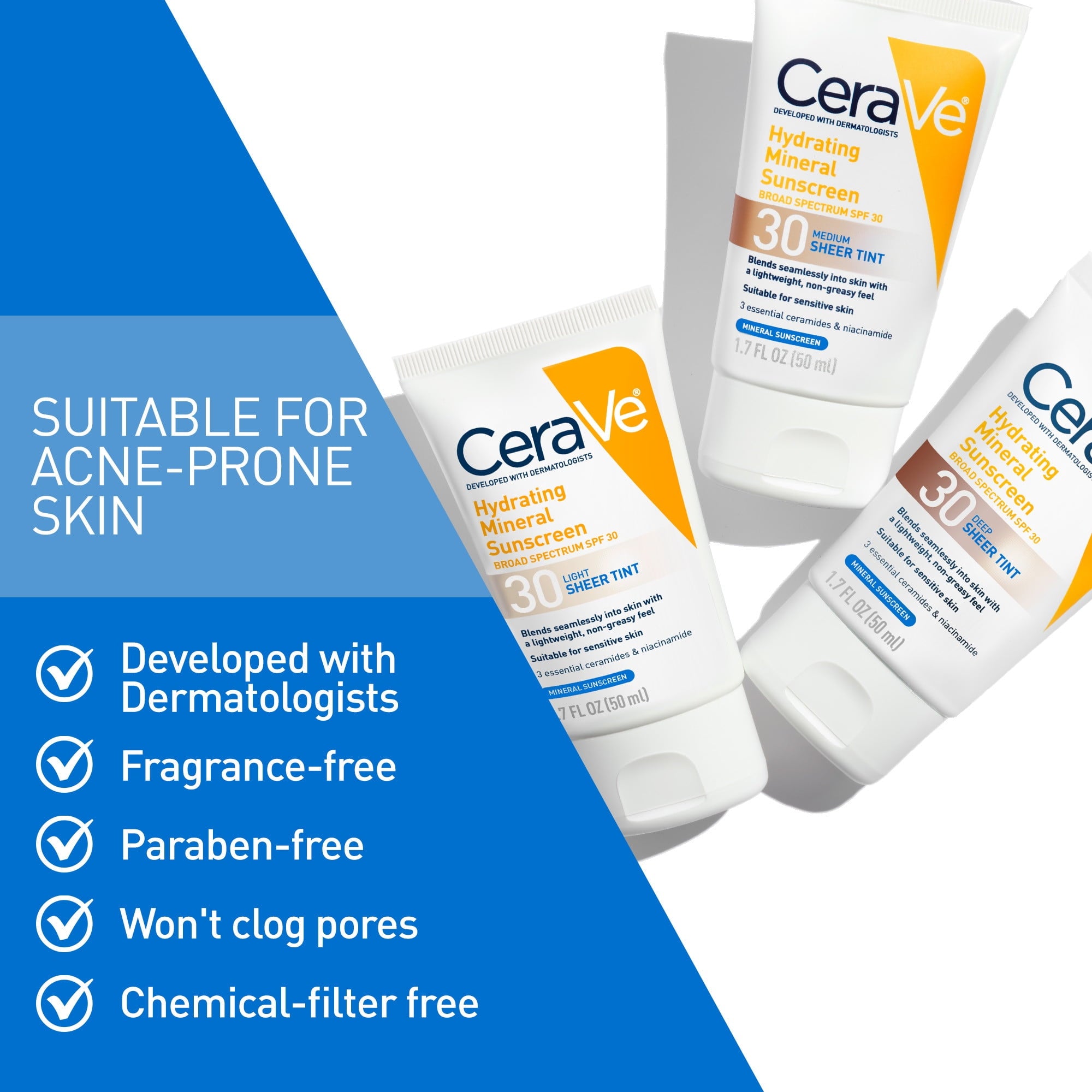 (2 pack) CeraVe Sunscreen Tinted Hydrating 100% Mineral Broad-Spectrum Lotion SPF 30 for Face with Sheer Tint