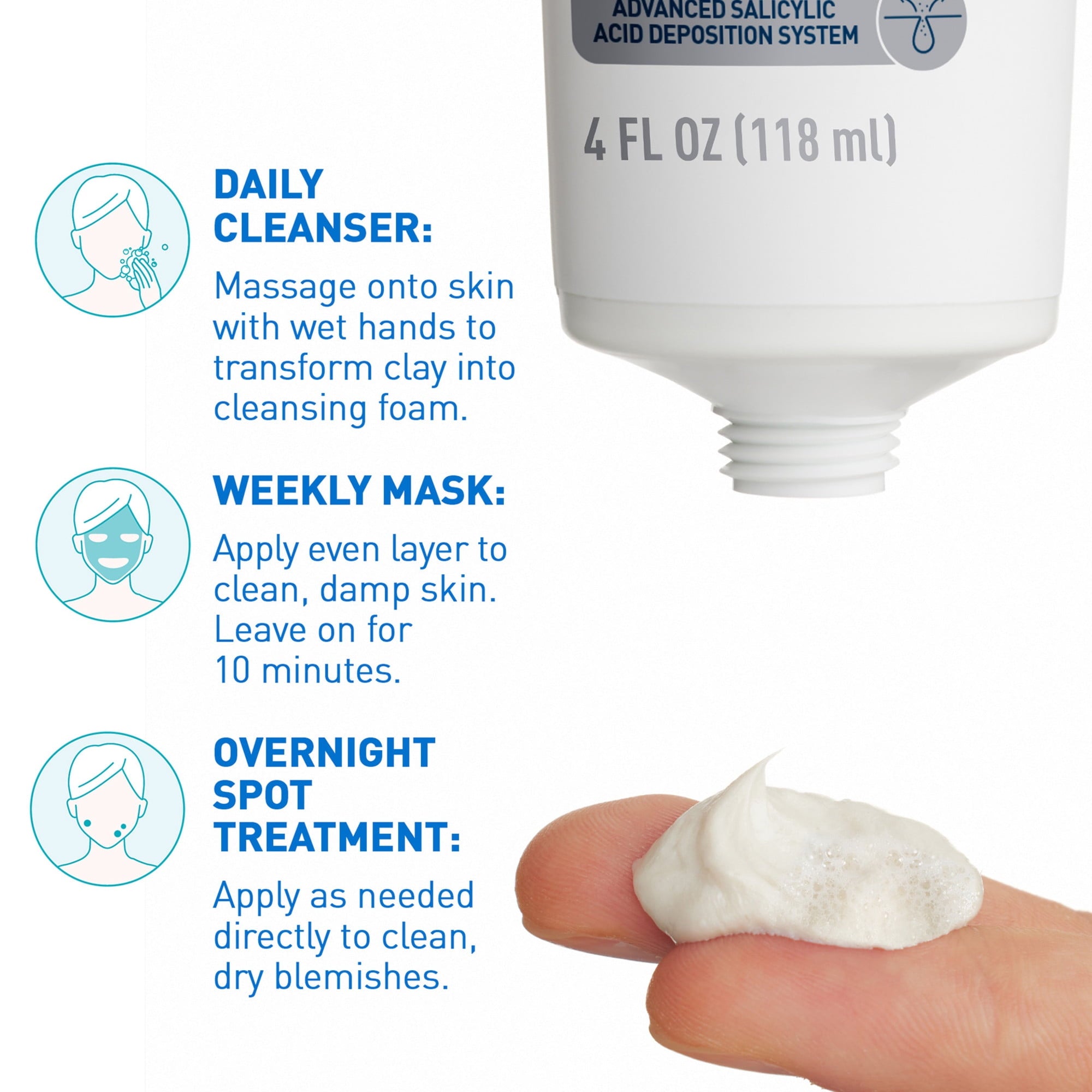 CeraVe Clay to Foam Acne Facial Cleanser, Mask & Spot Treatment for Acne Prone Skin 4 oz