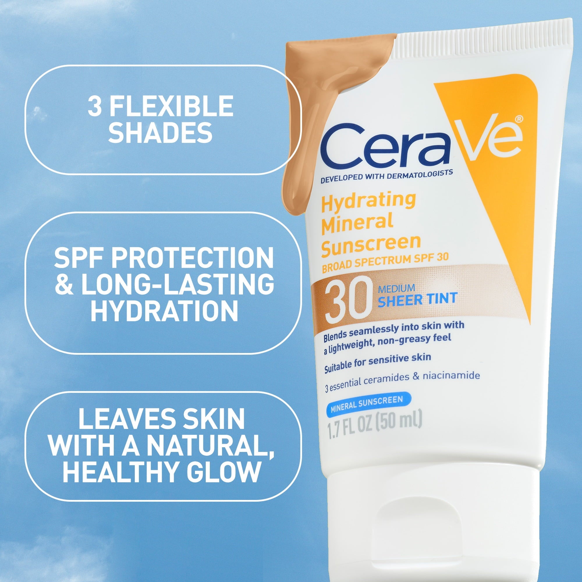 (2 pack) CeraVe Tinted Hydrating Mineral Sunscreen Lotion SPF 30 for Face with Sheer Tint