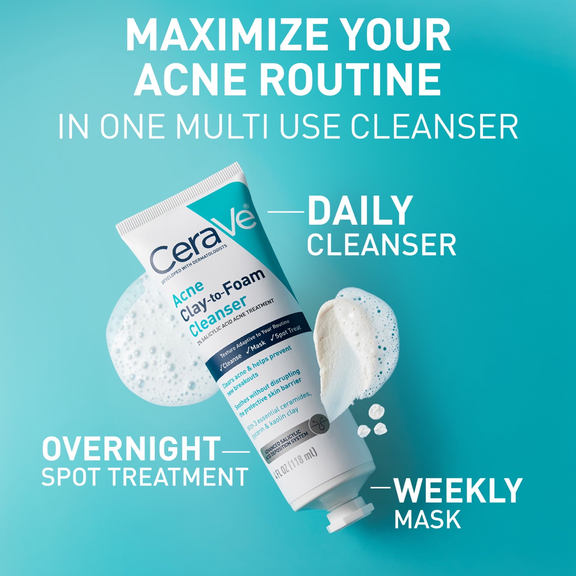 CeraVe Clay to Foam Acne Facial Cleanser, Mask & Spot Treatment for Acne Prone Skin 4 oz