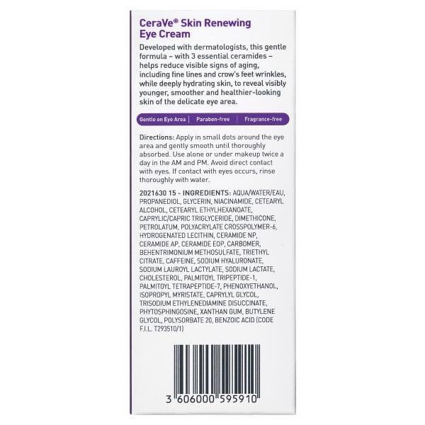 (2 pack) CeraVe Skin Care Renewing Eye Cream for Dark Circles & Puffiness with Peptides, Hyaluronic Acid, Niacinamide, Caffeine, Fragrance Free 0.5 fl oz